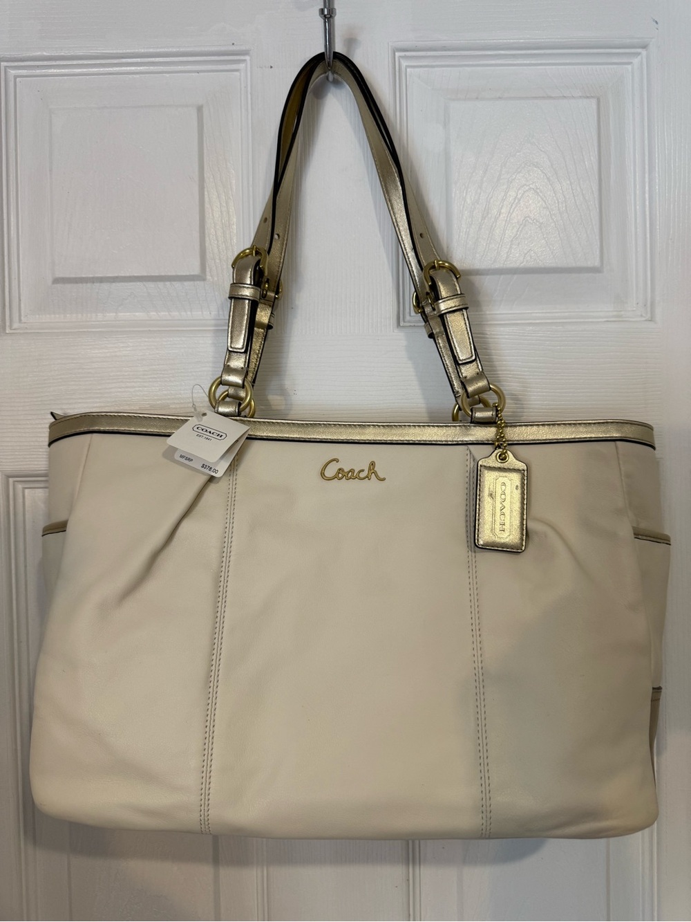 Coach Cream Leather Tote with Gold Trim and Straps
